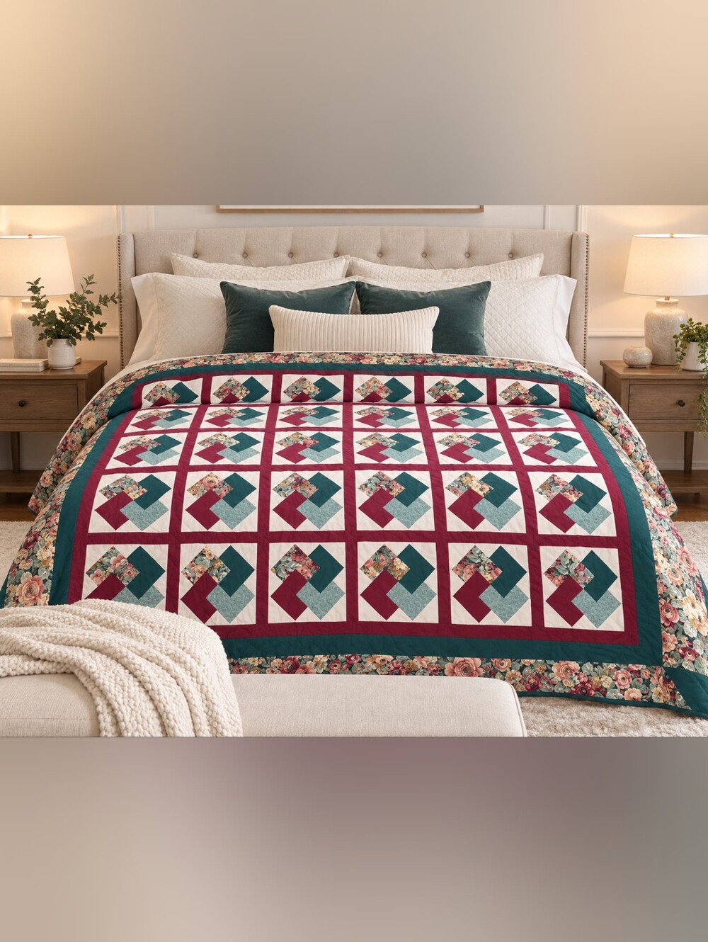 Floral Patchwork Quilt Bedspread in Teal and Burgundy - Classic Comfort